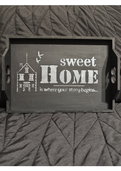 Ahşap Siyah Gri Yazılı Çay Kahve Sunumluk Tepsi