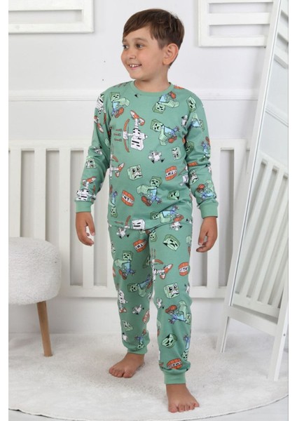Isob Yeşil Minec Desenli %100 Pamuk Erkek Çocuk Pijama Takımı 3-8 Yaş 51305-Y