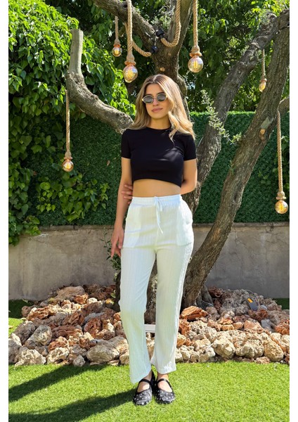 Kadın Bel Lastikli Bağcıklı Pantolon 5678 fırsatları