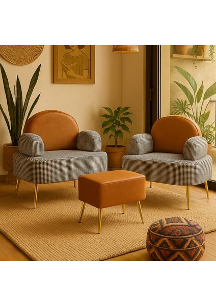 Petra Çay Seti Siyah Kazayağı/taba Deri (2 Adet Tekli Berjer 1 Adet Puf)