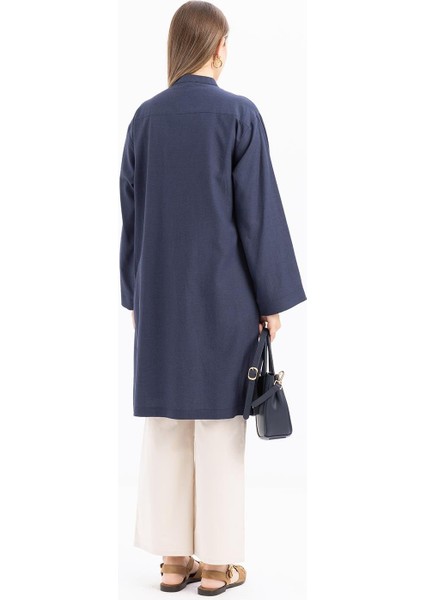 Indigo-Yarım Patlı Bağlamalı Keten Tunik modelleri