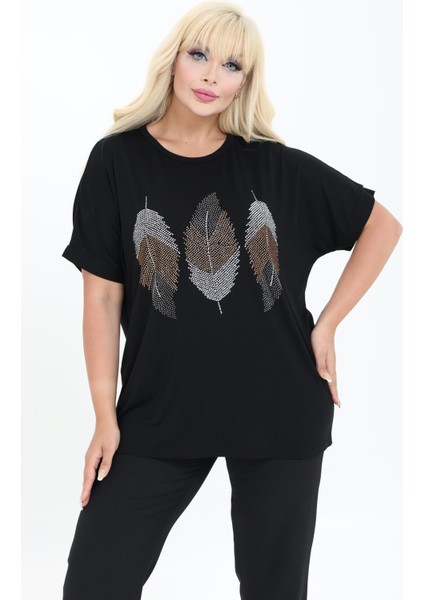 Yaprak Tasarım Taş Detaylı Bambu Yarasa Kol Bluz M-6xl