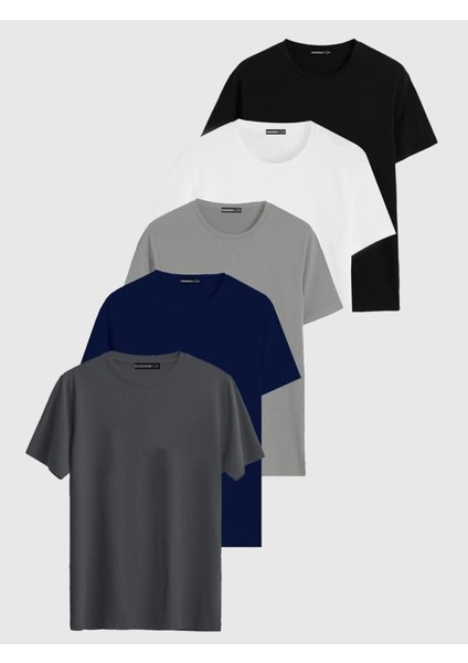 Siyah Beyaz Lacivert Gri Antrasit Relaxed Fit Pamuklu Erkek 5'li T-Shirt
