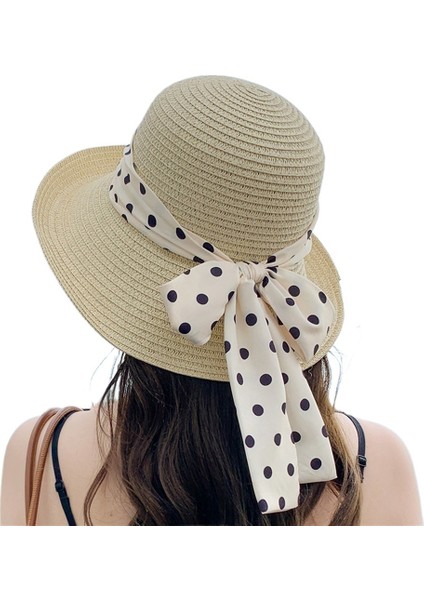 Kadınlar Için Yazlık Açık Hava Deniz Kenarı Şapkası Moda Basit Kıvrık Siperlik Puantiyeli Hasır Şapka Tatlı Puantiyeli Güneş Şapkası (Yurt Dışından)