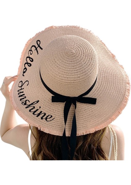 Yaz Geniş Kenarlı Işlemeli Güneş Koruma Hasır Şapka Kadınlar Için Moda Basit Harf Fiyonk Kurdele Güneş Şapkası Tatlı Güneş Şapkası (Yurt Dışından)