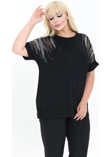 Bambu Bluz Yarasa Kol Taş Detaylı M-6xl
