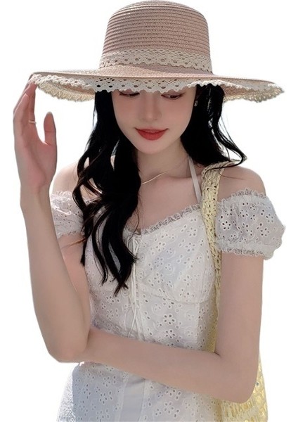 Ilkbahar ve Yaz Deniz Kenarı Plaj Şapkası Dokuma Güneş Koruma Güneş Şapkası Büyük Siperlik Yüz Küçük Dantel Hasır Şapka Kadın Trendi (Yurt Dışından)