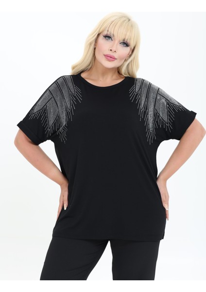 Bambu Bluz Yarasa Kol Taş Detaylı M-6XL