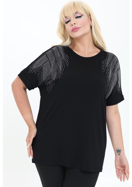 Bambu Bluz Yarasa Kol Taş Detaylı M-6XL
