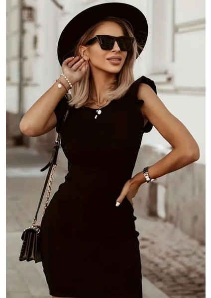 Kadın Kolsuz Omzu Volanlı Bisiklet Yaka Kaşkorse Mini Elbise