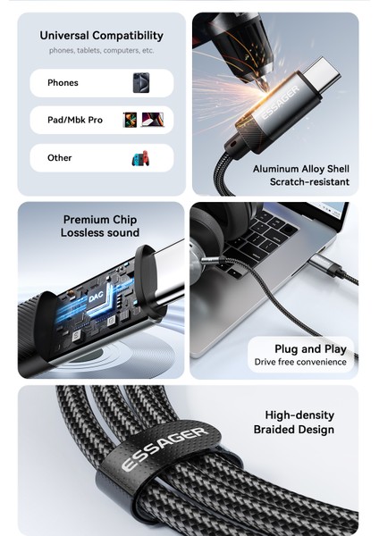 1-Metre Type-C To 3.5mm Aux Dac Çip+Hi-Fi Ses Ce+Rohs Sertifikalı Hasır Örgülü Sağlam Ses Kablosu Telefon/Araba/Tablet modelleri