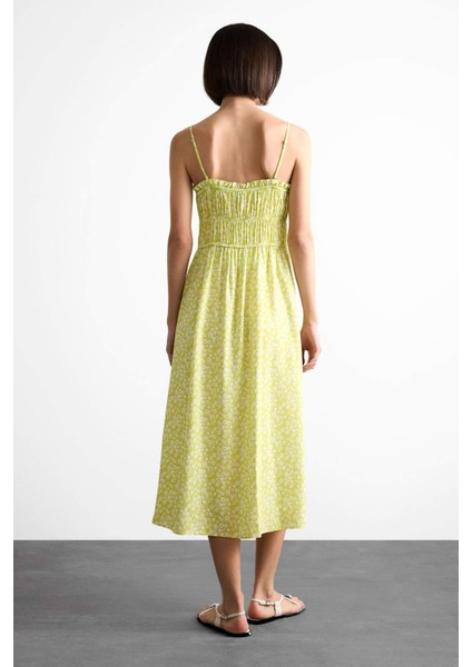 Çiçek Desenli Büzgülü Yaka Askılı Midi Elbise indirimleri