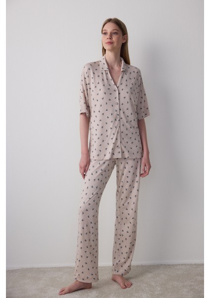 Aging Collagen Floral Gömlekli Pantolon Bej Pijama Takımı