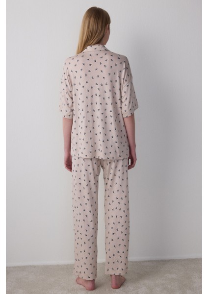 Aging Collagen Floral Gömlekli Pantolon Bej Pijama Takımı modelleri