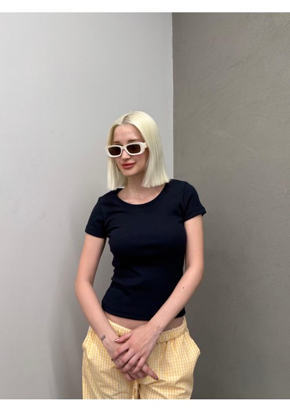 Lacivert Geniş Yaka Fittili Basic Kadın T-Shirt MG2293 fiyatları