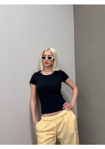 Lacivert Geniş Yaka Fittili Basic Kadın T-Shirt MG2293 modelleri
