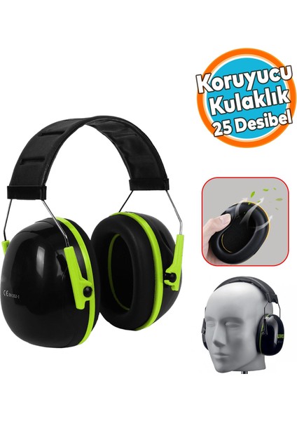 Kulaklık Siyah Yeşil Manşonlu Gürültü Önleme 25 Db Ses Koruma Kulak Işitme Koruyucu
