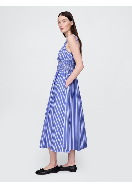 Kadın Mavi Poplin Smocked Midi Elbise modelleri