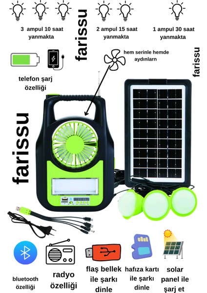 Taşınabilir Güneş Enerjili Aydınlatma Sistemi – Solar Panel, USB Şarj, Fan, Bluetooth, Radyo, 3 Ampullü Kamp Feneri