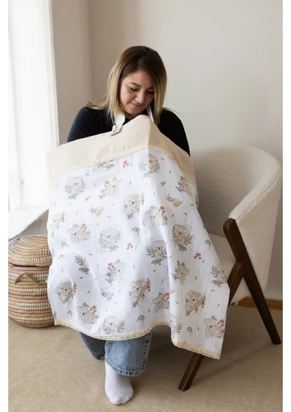 Sallhome Koala Desenli Dantel Kenarlı Müslin Emzirme Örtüsü – %100 Pamuk