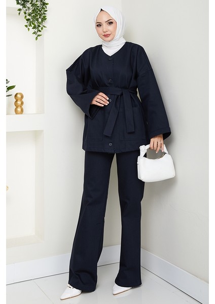 Kemerli Ceket Pantolon Gabardin Takım 1557 - Lacivert