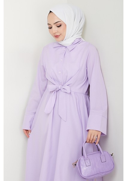 Renda Belden Bağlamalı Elbise 1467 - Lila