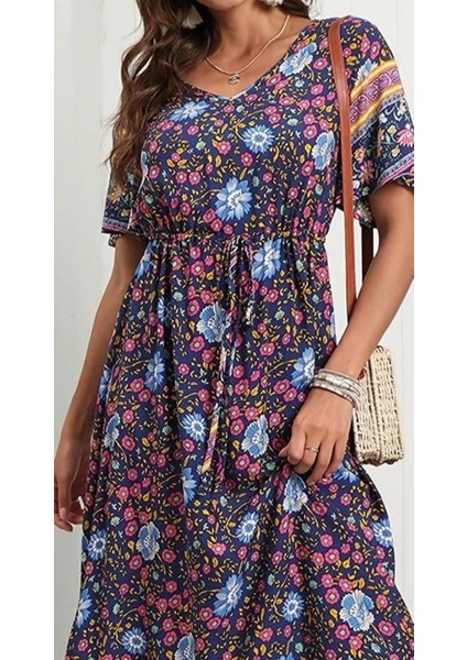 Kadın Kısa Kollu Beli Lastikli Çiçek Desen Tam Boy Elbise modelleri