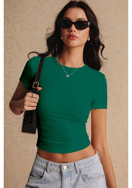 Kadın Bntn Yeşili Bisiklet Yaka Likralı Kısa Kol Body Crop Bluz