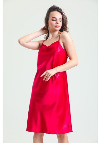 7790 Kadın Fuşya Degaje Yaka Saten Gecelik fiyatları