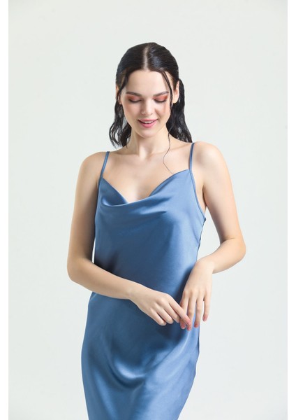 9790 Kadın Mavi Degaje Yaka Krep Saten Uzun Gecelik fiyatları