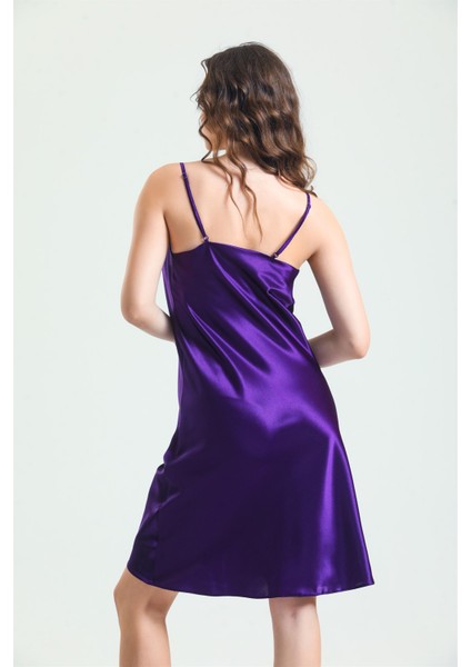 7790 Kadın Mor Degaje Yaka Saten Gecelik modelleri