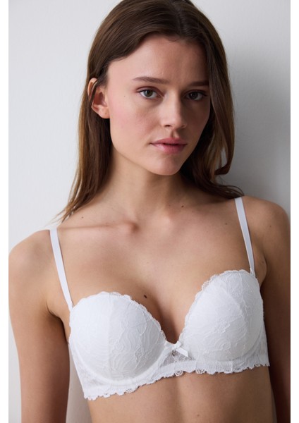 Kırık Beyaz Heart Lace Çiçek Desenli Tokalı Push Up Straplez Sütyen