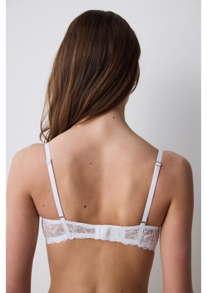 Kırık Beyaz Heart Lace Çiçek Desenli Tokalı Push Up Straplez Sütyen