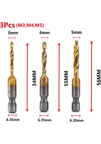 M3++M5 Altıgen Şaftlı Titanyum Kaplamalı Vida Dişi Metrik Kılavuz Matkap Uçları (Yurt Dışından)