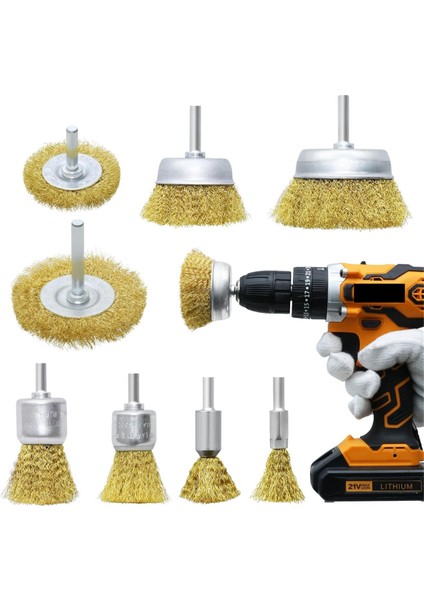 Pirinç Tekerlek Bardak Fırça Seti 8 Parça, Pirinç Tel Fırça Seti, Sarı (Yurt Dışından)