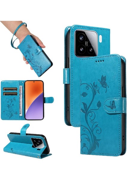 Xiaomi 15 Kabartmalı Kelebek ve Kart Yuvası Cüzdan Telefon Kılıfı (Yurt Dışından)