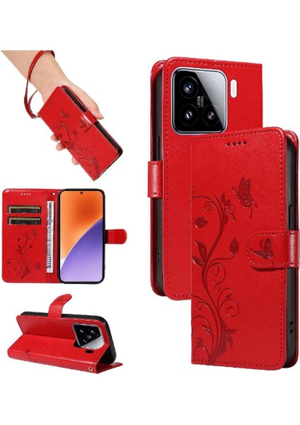 Xiaomi 15 Kabartmalı Kelebek ve Kart Yuvası Cüzdan Telefon Kılıfı (Yurt Dışından)