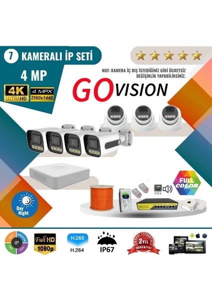 7'li 4mp 4K Ultra Hd Ip Güvenlik Kamera Seti (Gece Görüşlü, Dış Mekan Uyumlu)