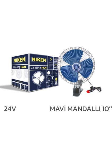 Oto Vantilatör 24V 10 Inch Mandallı Çakmak Girişli