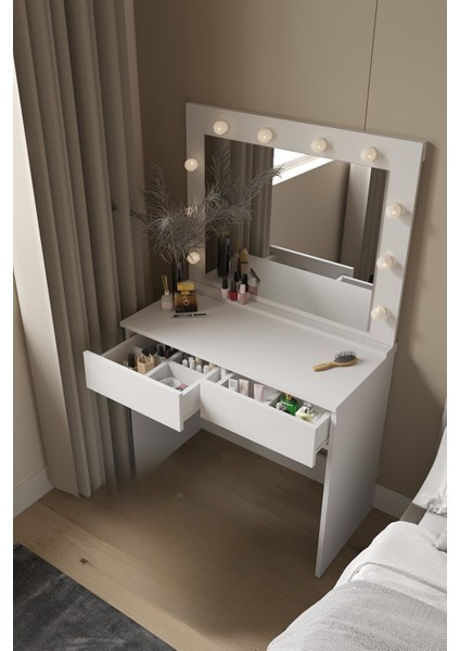 Sakura Işıklı Aynalı Çekmeceli Makyaj Masası