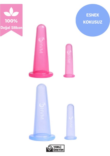Silikon Vakumlu Masaj Kupası, Facial Cupping 4'lü, Yüz Masaj Kupası Mavi ve Pembe