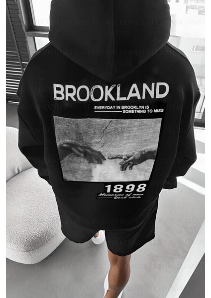 Erkek Siyah 1898 Baskılı Kapüşonlu Oversize 3 Iplik Şardonlu Salaş Bol Kesim Hoodie Sweatshirt