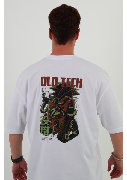 Old Tech-Oversize Tişört | Sırt Baskılı – Minimal Göğüs Desenli Unisex Tshirt