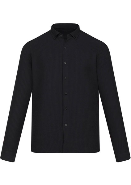 Siyah Comfort Fit Düğmeli Yaka Uzun Kollu Casual Gömlek