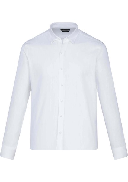 Beyaz Comfort Fit 100% Pamuk Düğmeli Yaka Uzun Kollu Casual Gömlek