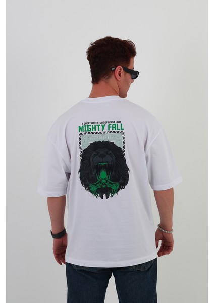 Mıghty Fall-Oversize Tişört | Sırt Baskılı – Minimal Göğüs Desenli Unisex Tshirt