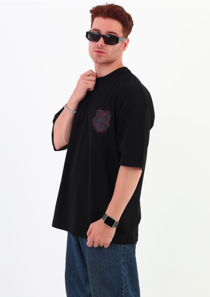 Crow-Oversize Tişört | Sırt Baskılı – Minimal Göğüs Desenli Unisex Tshirt