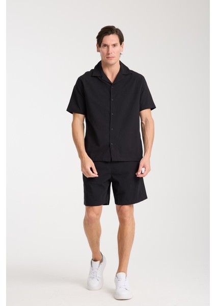 %100 Pamuk Erkek Keten Kombin – Slim Fit Gömlek ve Şort Takım |
