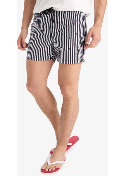 E0950 Siyah Çizgili File Astarlı Kısa Boy Deniz Şortu