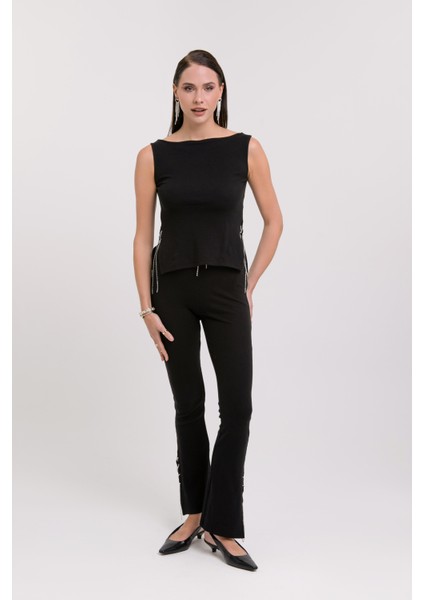 Kadın Siyah Gümüş Taşlı Zincir Detaylı Yırtmaçlı Örme Pantalon fiyatları